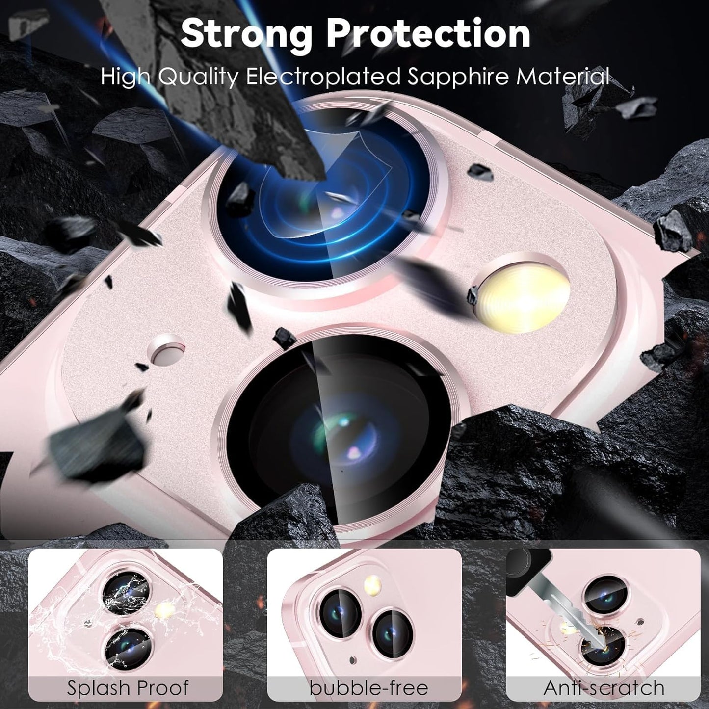 AIG Camera Lens Protector for iPhone 14/14 Plus & iPhone 15/15 Plus Camera Lens Protector – 9H Glass with Metal Plate – Pink Joint