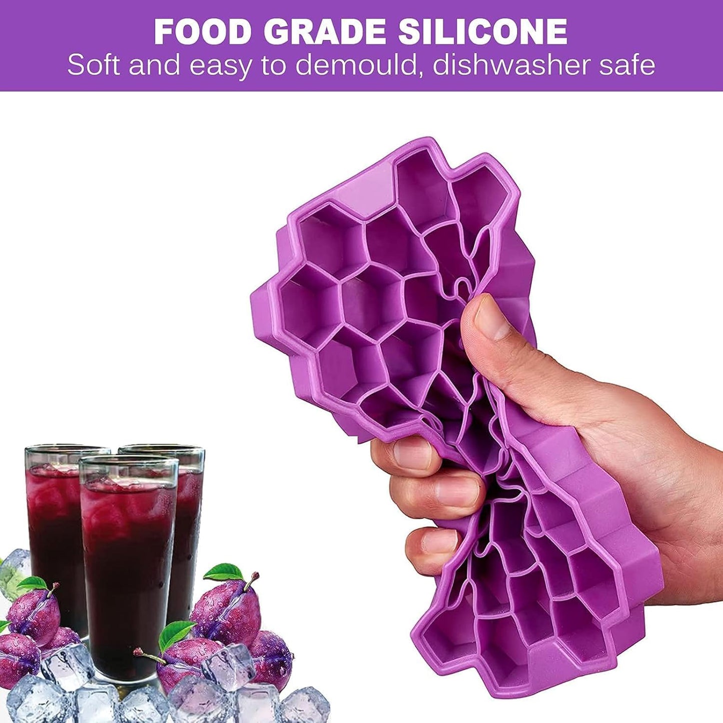 AIG Silicone Ice Cube Trays with Lids – 3 Pack Easy-Release Hexagon Ice Maker for Freezer, Reusable Food-Grade Ice Molds for Cocktail Bar, Whiskey, Iced Coffee & Home Kitchen (Purple)