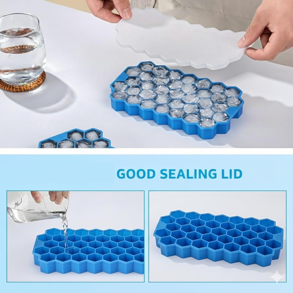 AIG Silicone Ice Cube Trays with Lids – (3 Pack) Easy-Release Hexagon Ice Maker for Freezer, Reusable Food-Grade Ice Molds for Cocktail Bar, Whiskey, Iced Coffee & Home Kitchen (BLUE+GREEN+YELLOW)