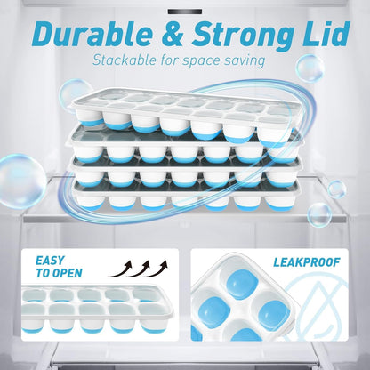 Silicone Ice Cube Tray with Lid – 42 Ice Cubes (3 Pack: 2 Green & 1 Blue, 14 Cavities Each) Easy Release Ice Maker for Freezer, Stackable & Reusable Ice Moulds for Whiskey, Cocktails & Beverages