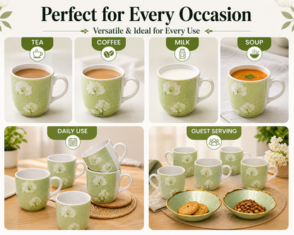 Ceramic Tea Mug & Bowl Gift Set (6 Tea Mugs + 2 Ceramic Bowls) Premium Quality Tea Cup Set for Home Kitchen Office Stylish Tea Coffee Serving Set with Gift Box | Green