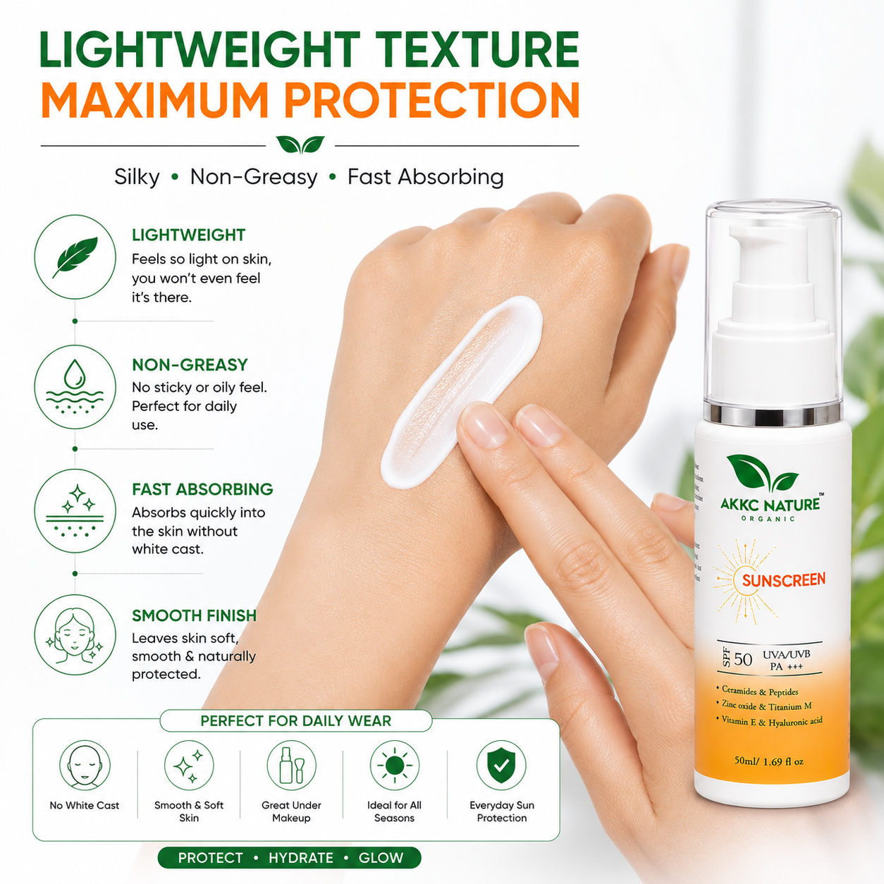 AKKC Nature Organic Sunscreen SPF 50 PA+++ | Broad Spectrum UVA/UVB Protection | Ceramides, Peptides, Zinc Oxide, Titanium Dioxide, Vitamin E & Hyaluronic Acid | Non-Greasy Daily Sunscreen for Men & Women | 50ml.