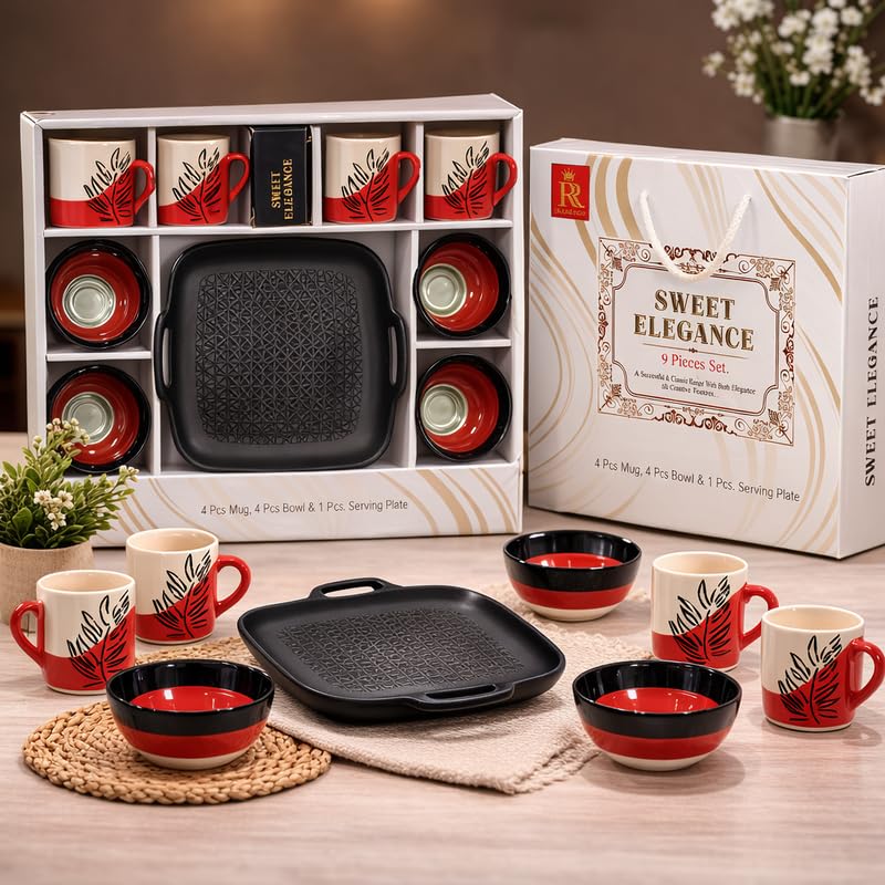 9 Pieces Ceramic Tea & Snack Serving Set with 4 Mugs 4 Bowls and 1 Serving Plate | Premium Tea Coffee Cup Set with Snack Bowls | Elegant Drinkware Set for Home Kitchen Dining & Gifting