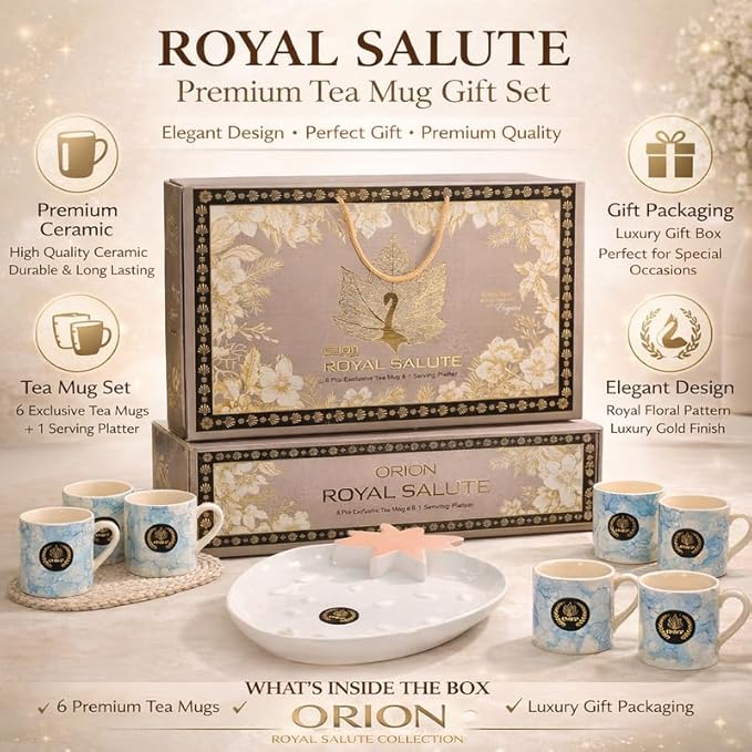 Elegant Two Tone Ceramic Tea Cup Set with Serving Platter | 6 Tea Cups with Tray | Premium Drinkware Set for Tea Coffee Serving | Stylish Cup Set for Home Kitchen Dining & Gifting |Blue