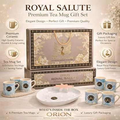 Elegant Two Tone Ceramic Tea Cup Set with Serving Platter | 6 Tea Cups with Tray | Premium Drinkware Set for Tea Coffee Serving | Stylish Cup Set for Home Kitchen Dining & Gifting |Blue