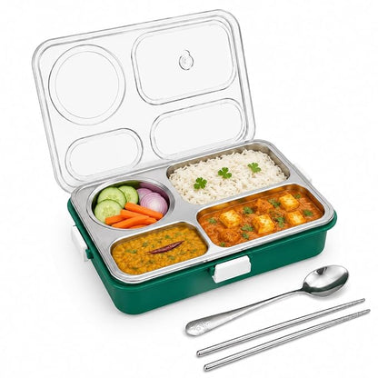 Stainless Steel Lunch Box with 4 Compartments, BPA-Free | Leakproof Silicone Seal, Includes Spoon & Chopsticks, Transparent Locking Lid, Food-Grade 304 Steel, Secure Locking Clips