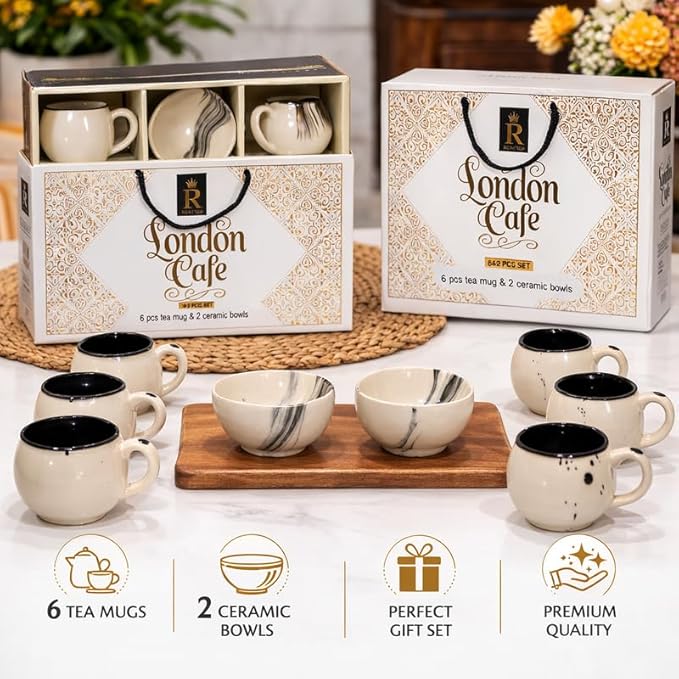 Ceramic Tea Mug & Bowl Gift Set (6 Tea Mugs + 2 Ceramic Bowls) Premium Quality Tea Cup Set for Home Kitchen Office Stylish Tea Coffee Serving Set with Gift Box