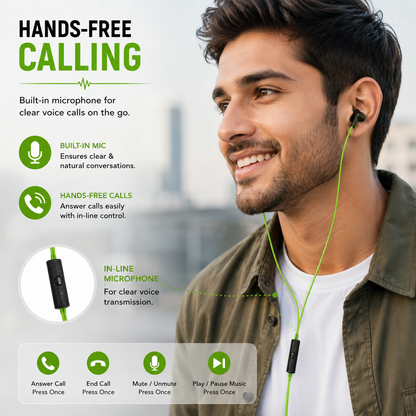 Wired in-Ear Earphones with Mic, Green, 3.5mm Jack, Inline Control, for Music, Calls and Everyday Use