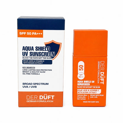 Der Düft Aqua Shield UV Sunscreen, SPF 50 PA+++, with Kojic Acid, Vitamin E and Kesar Extract, Oil-Free, Broad Spectrum UVA/UVB