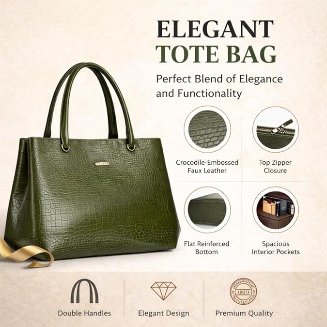Women's Tote Handbag, Olive Green, Faux Leather, Crocodile Embossed, Spacious with Zipper Compartment, Office and Travel Bag