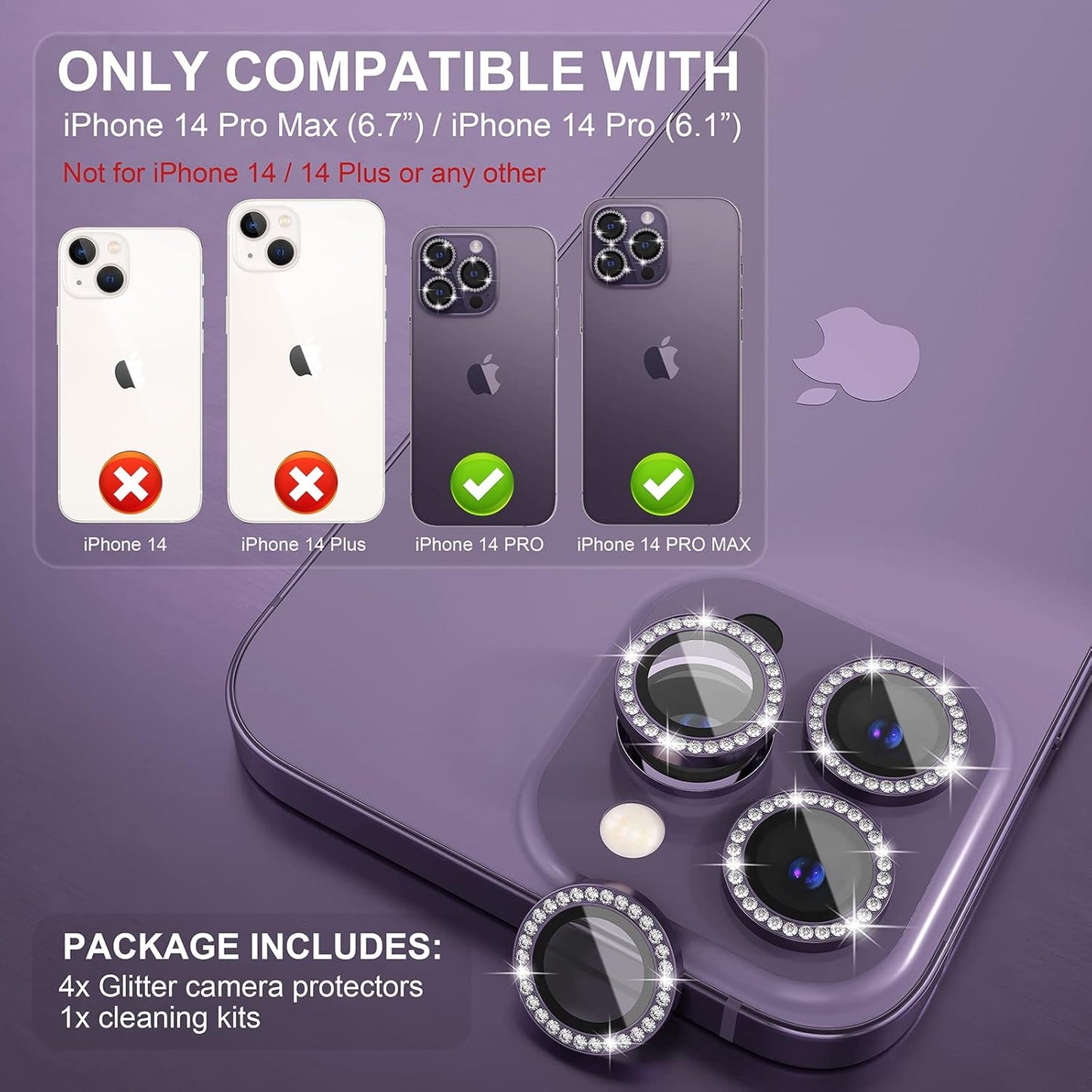 AIG iPhone 14 Pro/14 Pro Max Camera Lens Protector Bling – Purple Diamond