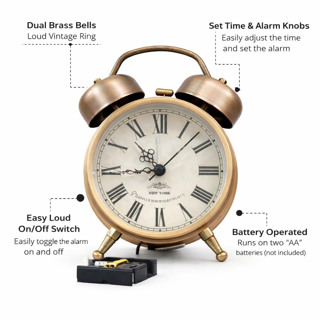 Vintage Twin Bell Alarm Clock, Bronze Finish, Roman Numeral Display, New York Theme, Classic Analog Timepiece