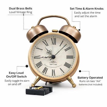 Vintage Twin Bell Alarm Clock, Bronze Finish, Roman Numeral Display, New York Theme, Classic Analog Timepiece