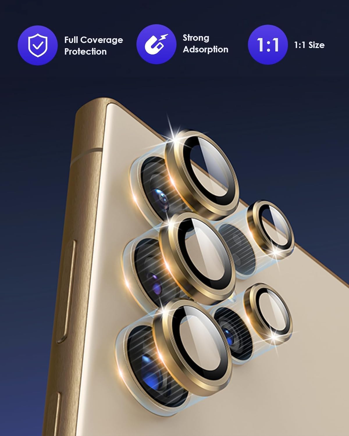 AIG Camera Lens Protector for Samsung Galaxy S24 Ultra/S23 Ultra – 9H Glass with Metal Rings (Gold)