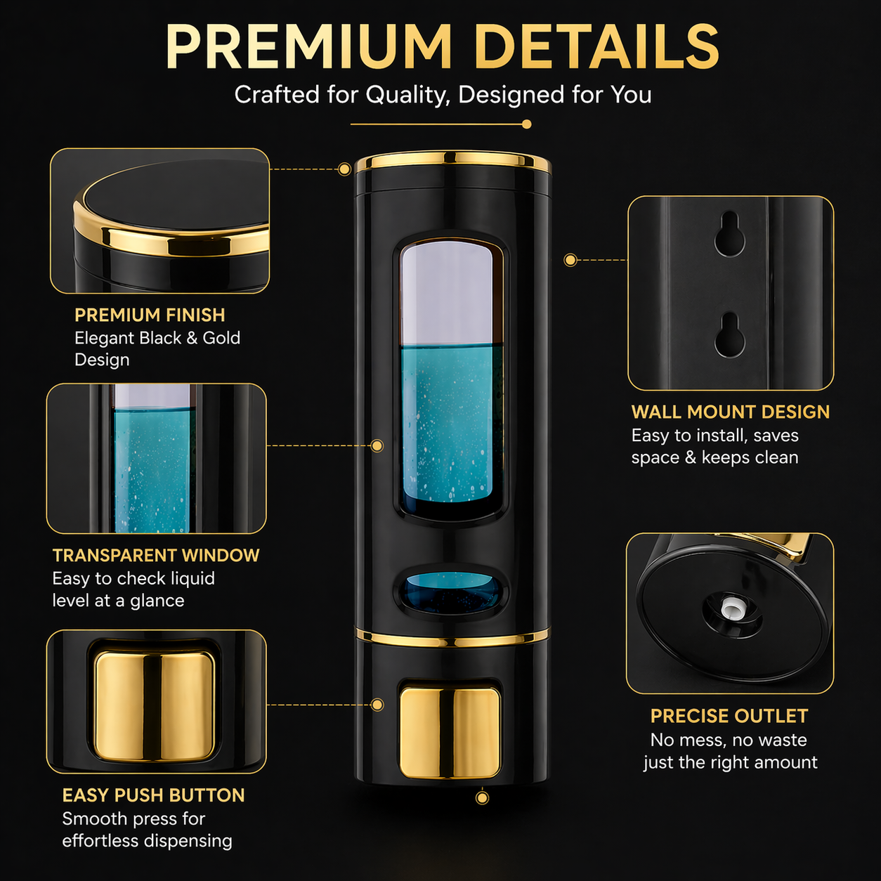 Wall-Mounted Liquid Soap Dispenser, Black and Gold Finish, Push Button, for Bathroom and Kitchen
