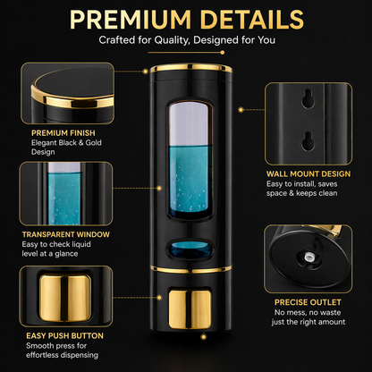 Wall-Mounted Liquid Soap Dispenser, Black and Gold Finish, Push Button, for Bathroom and Kitchen