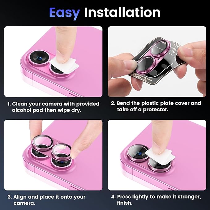 AIG Camera Lens Protector for iPhone 16 / 16 Plus – Tempered Glass with Metal Frame - Pink Joint