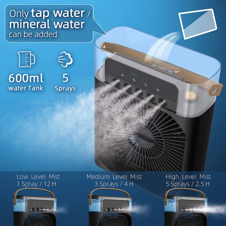 Portable Humidifier Air Cooler Fan Mini Cooler For Home With 3 Speed Mode, Mist Fan With Water Spray, 7 Color Led And Timer,(Usb Powered Mini Ac, Black)
