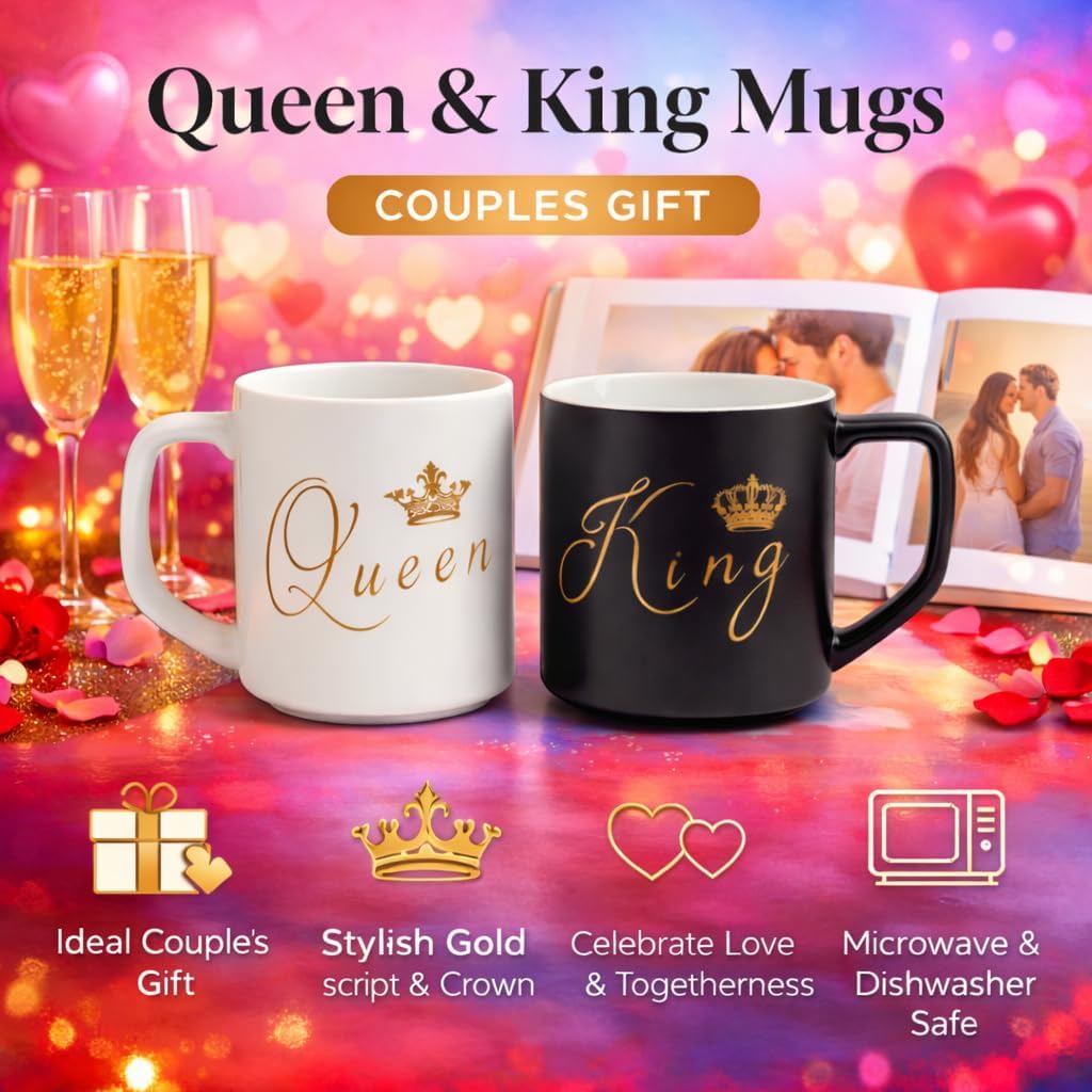 King & Queen Ceramic Coffee Mug Set – Premium Couple Tea & Coffee Cups for Husband & Wife | Romantic Gift for Anniversary, Wedding, Valentine & Birthday (Set of 2)