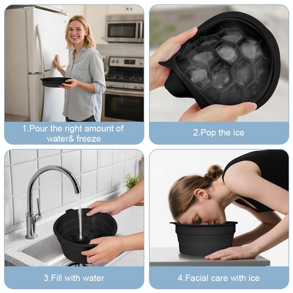 Face Bowl for Ice with Built-in Ice Tray – Collapsible Silicone Facial Ice Bath Bowl for Cold Plunge Therapy, Skin Tightening & Acne Relief – Portable Spa Tool for Home & Travel(Black)