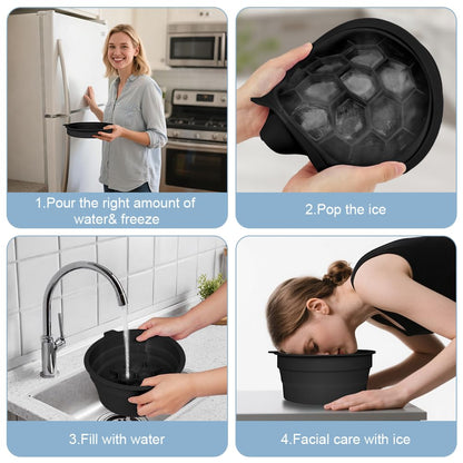 Face Bowl for Ice with Built-in Ice Tray – Collapsible Silicone Facial Ice Bath Bowl for Cold Plunge Therapy, Skin Tightening & Acne Relief – Portable Spa Tool for Home & Travel(Black)