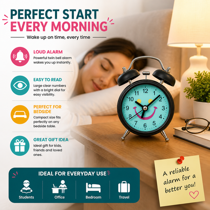 Retro Twin Bell Alarm Clock with Smiley Dial | Loud Alarm, Metal Body, Analog Display, Battery Operated | Bedside/Table Clock for Kids & Adults