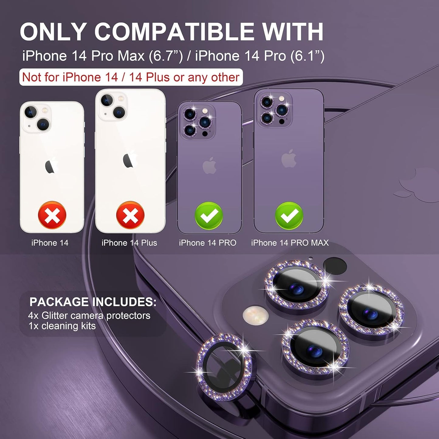 AIG iPhone 14 Pro/14 Pro Max Camera Lens Protector Bling – Glitter Purple