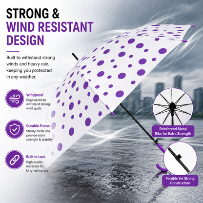 Premium Transparent Polka Dot Umbrella – Waterproof Windproof Long Stick Umbrella with Curved Handle for Men & Women | Large Canopy Rain Umbrella (White & Purple)