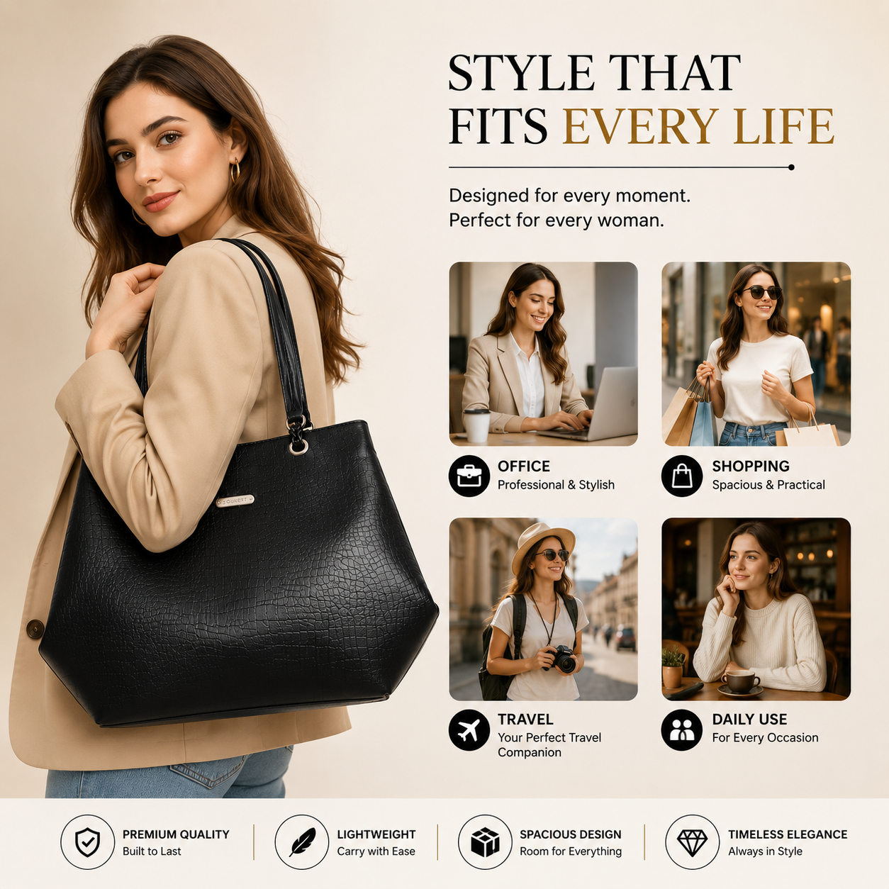Women's Premium Leatherette Tote Handbag – Large Shoulder Bag with Spacious Compartments | Stylish Office, College, Travel & Everyday Purse (Black)