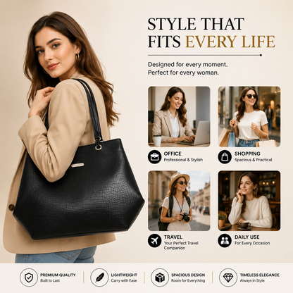 Women's Premium Leatherette Tote Handbag – Large Shoulder Bag with Spacious Compartments | Stylish Office, College, Travel & Everyday Purse (Black)