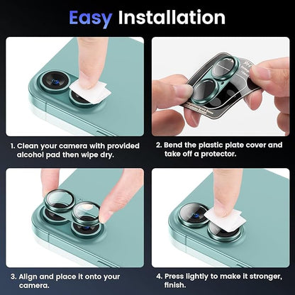 AIG Camera Lens Protector for iPhone 16 / 16 Plus – Tempered Glass with Metal Frame - Green Joint