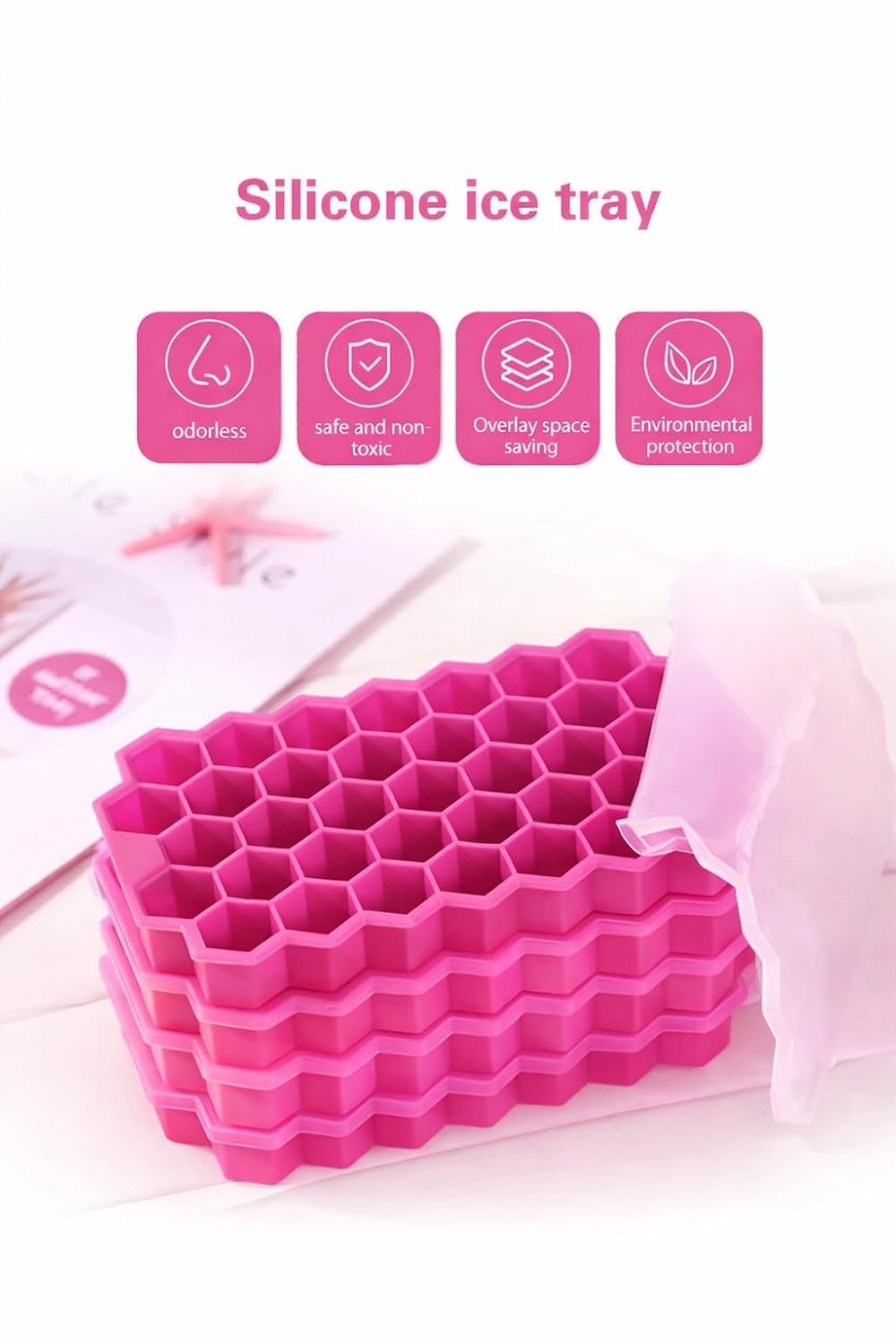 AIG Silicone Ice Cube Trays with Lids – 4 Pack Easy-Release Hexagon Ice Maker for Freezer, Reusable Food-Grade Ice Molds for Cocktail Bar, Whiskey, Iced Coffee & Home Kitchen (Pink)
