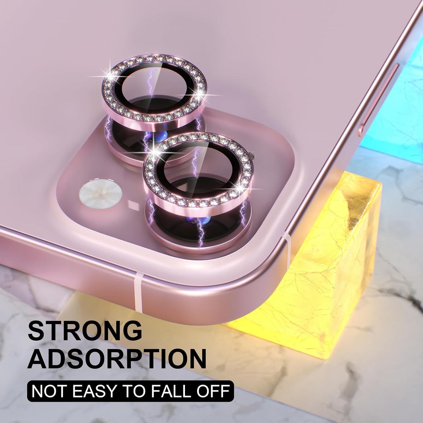 AIG iPhone 14 /14 Plus/15 /15 Plus Camera Lens Protector – Bling 9H Tempered Glass with Metal Ring Decoration (Pink Diamond)