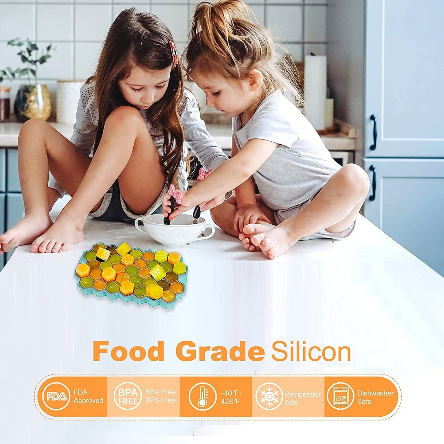 AIG Silicone Ice Cube Trays with Lids – 2 Pack Easy-Release Hexagon Ice Maker for Freezer, Reusable Food-Grade Ice Molds for Cocktail Bar, Whiskey, Iced Coffee & Home Kitchen (Blue+Green)