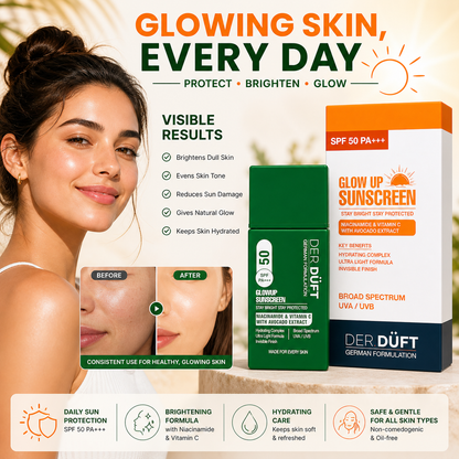 Der Düft Glow Up Sunscreen SPF 50 PA+++, Broad Spectrum UVA/UVB, with Niacinamide, Vitamin C and Avocado Extract, Invisible Finish