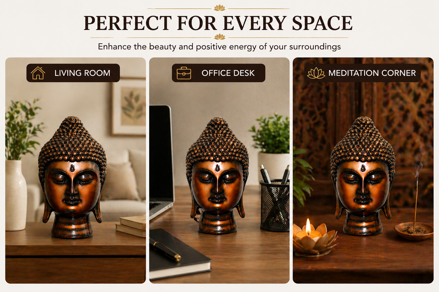 Handcrafted Brass Buddha Head Idol, Bronze Finish, Meditation Décor Statue for Home, Office, Yoga Studio