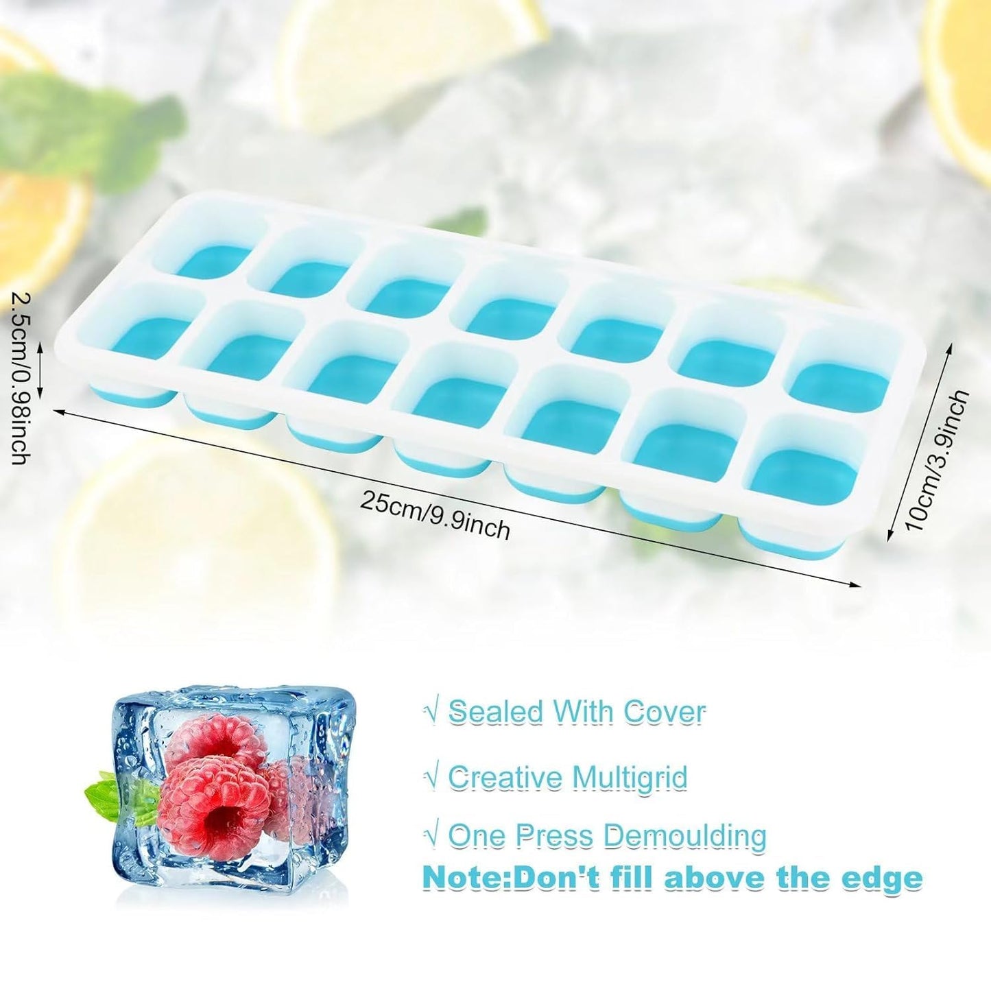 Silicone Ice Cube Tray with Lid, 2 Pack (Green & Blue), 28 Cubes, Easy Release & Stackable