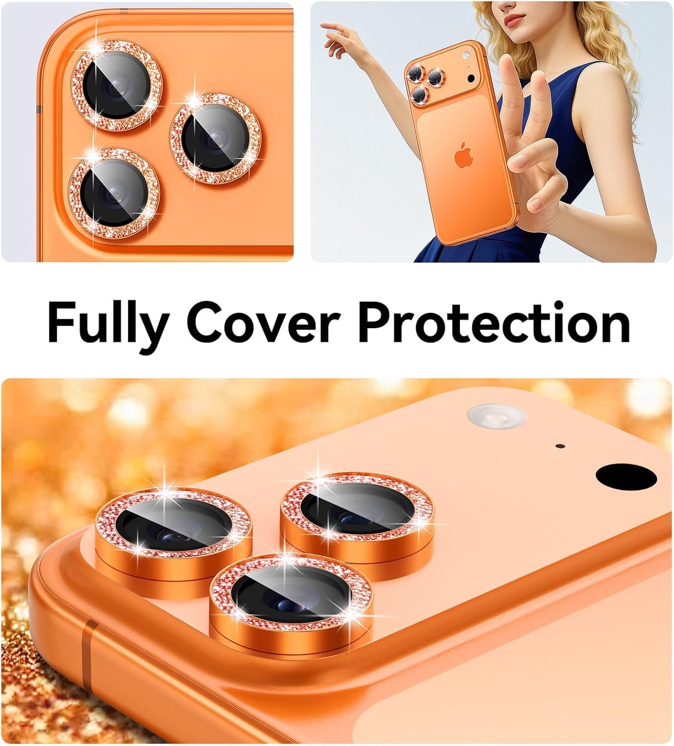 AIG Camera Lens Protector for iPhone 17 Pro/Pro Max –9H Tempered Glass with Glitter Metal Ring, Scratch Resistant, HD Clear (Orange Glitter)