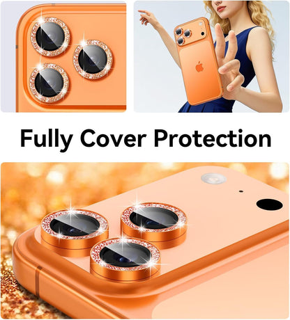 AIG Camera Lens Protector for iPhone 17 Pro/Pro Max –9H Tempered Glass with Glitter Metal Ring, Scratch Resistant, HD Clear (Orange Glitter)