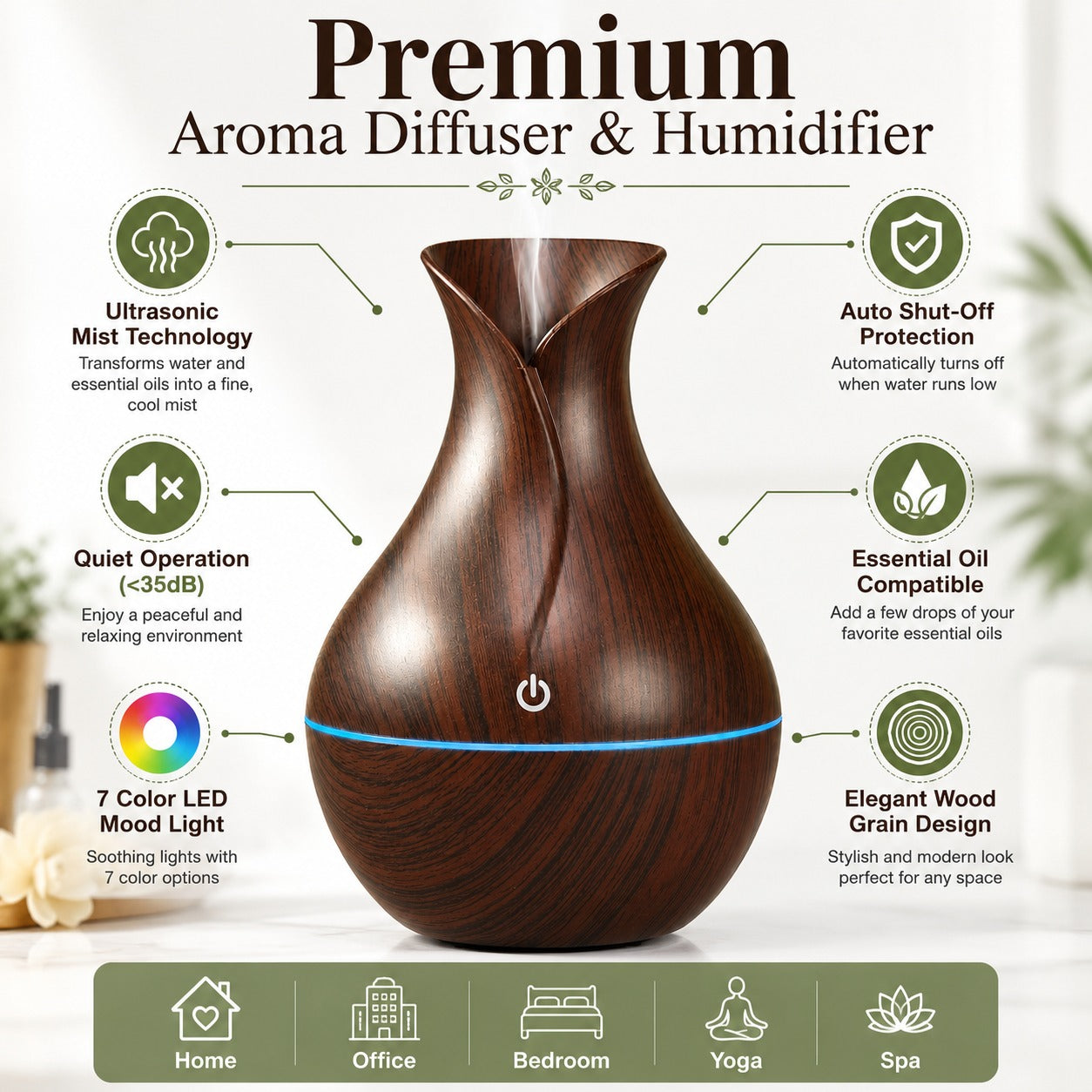Aroma Diffuser Humidifier for Room & Home | Wood Grain Essential Oil Diffuser | Ultrasonic Cool Mist Air Humidifier for Bedroom | 3 Colour LED Light | Touch Control | Auto Shut-Off | 200ml
