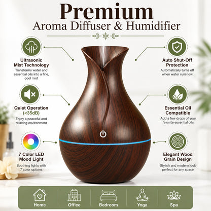 Aroma Diffuser Humidifier for Room & Home | Wood Grain Essential Oil Diffuser | Ultrasonic Cool Mist Air Humidifier for Bedroom | 3 Colour LED Light | Touch Control | Auto Shut-Off | 200ml