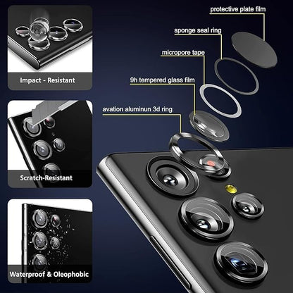 AIG Camera Lens Protector for Samsung Galaxy S24 Ultra/S23 Ultra – 9H Tempered Glass with Metal Individual Rings (Black, HD Clear)