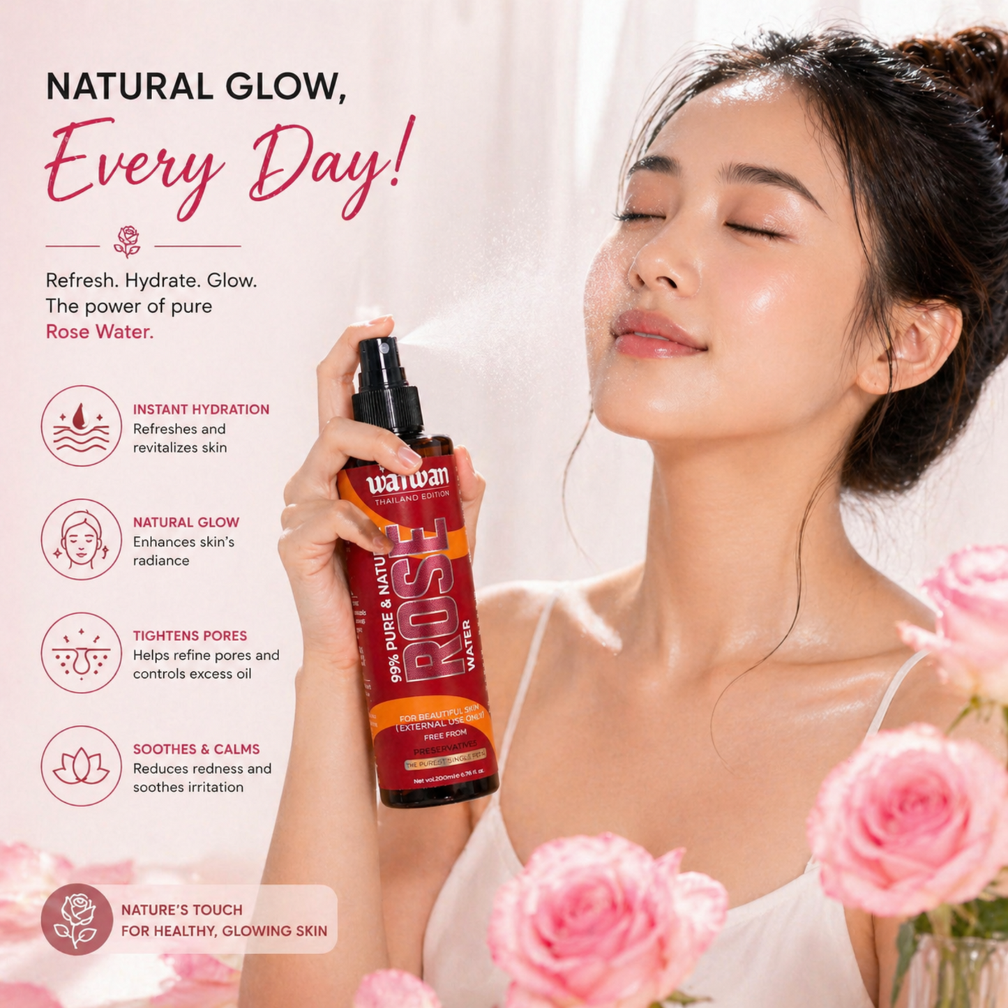 Wanwan 99% Pure & Natural Rose Water Spray 200ml | Face Toner, Facial Mist & Makeup Setting Spray | Hydrating, Refreshing & Skin Brightening | For All Skin Types | Preservative-Free Rose Water