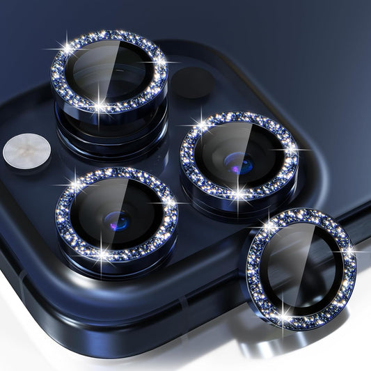 AIG Camera Lens Protector for iPhone 15 Pro/15 Pro Max & iPhone 14 Pro/14 Pro Max – 9H Glass with Metal Ring – Glitter-Blue