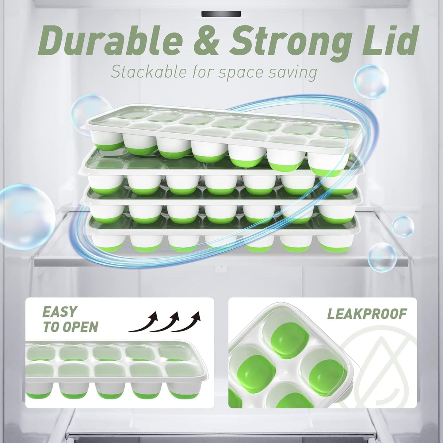 Silicone Ice Cube Tray with Lid – 28 Ice Cubes (2 Pack, 14 Cavities Each) Easy Release Ice Maker for Freezer, Stackable & Reusable Ice Moulds for Whiskey, Cocktails & Beverages (Green)