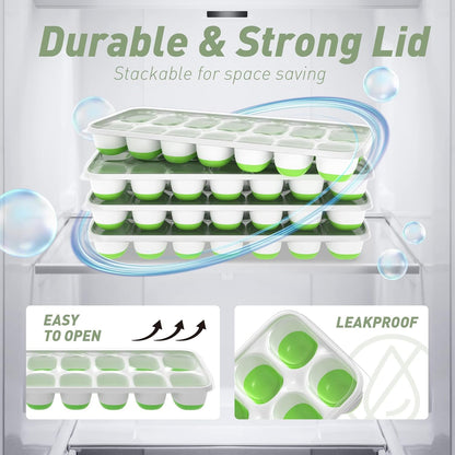 Silicone Ice Cube Tray with Lid – 28 Ice Cubes (2 Pack, 14 Cavities Each) Easy Release Ice Maker for Freezer, Stackable & Reusable Ice Moulds for Whiskey, Cocktails & Beverages (Green)