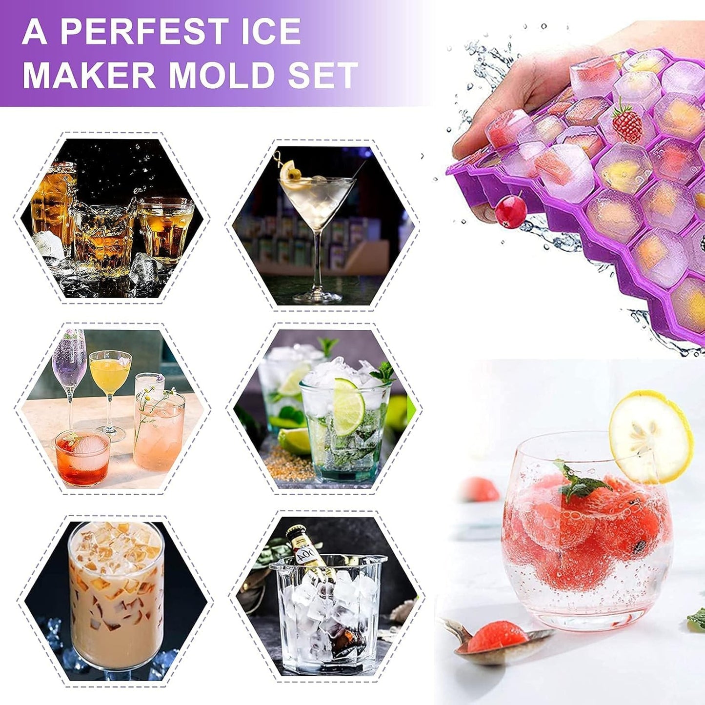 AIG Silicone Ice Cube Trays with Lids – 3 Pack Easy-Release Hexagon Ice Maker for Freezer, Reusable Food-Grade Ice Molds for Cocktail Bar, Whiskey, Iced Coffee & Home Kitchen (Purple)