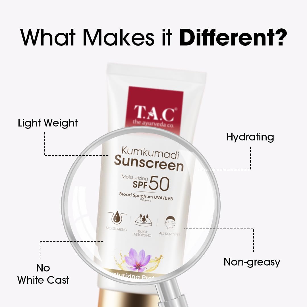 T.A.C - The Ayurveda Co. Kumkumadi Sunscreen SPF 50, Broad Spectrum UVA/UVB PA+++, Moisturising, All Skin Types, 50g