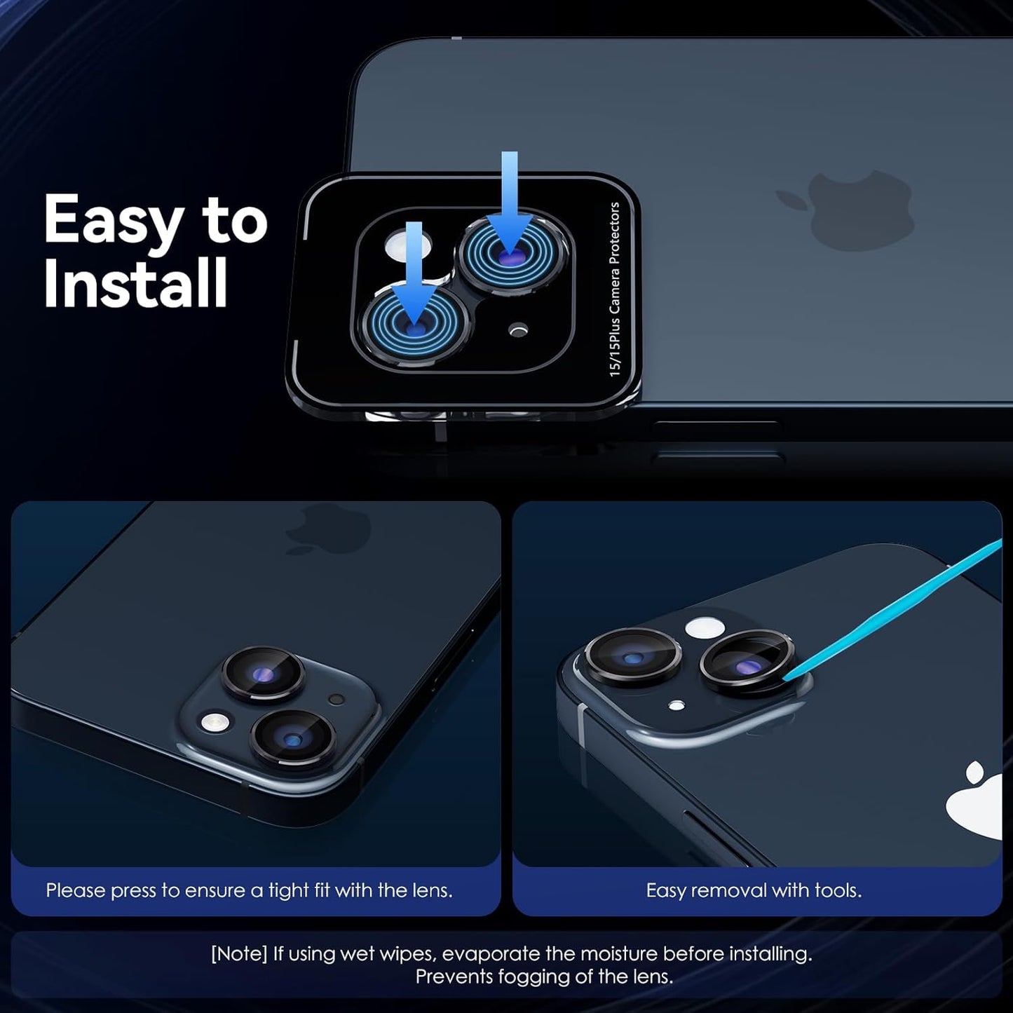 AIG Camera Lens Protector for iPhone 15/15 Plus – Black Metal Ring, Ultra HD Glass, Case-Friendly