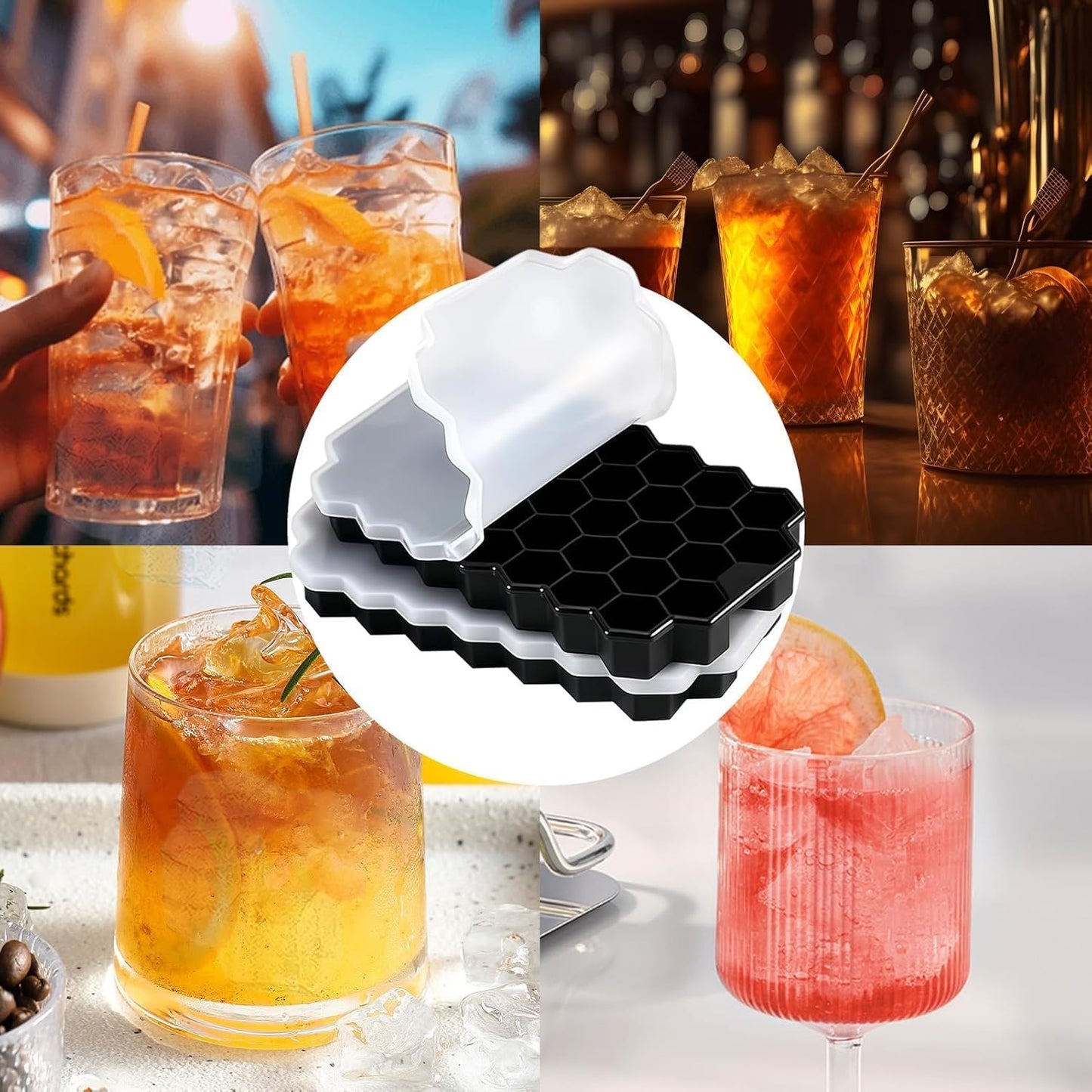 AIG Silicone Ice Cube Trays with Lids – 4 Pack Easy-Release Hexagon Ice Maker for Freezer, Reusable Food-Grade Ice Molds for Cocktail Bar, Whiskey, Iced Coffee & Home Kitchen (BLUE+PURPLE+GREEN+YELLOW)